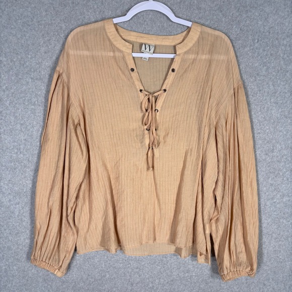Worthington Tops - Worthington‎ Lace Up Blouse Large Tan Textured Balloon Sleeve Semi Sheer Neutral